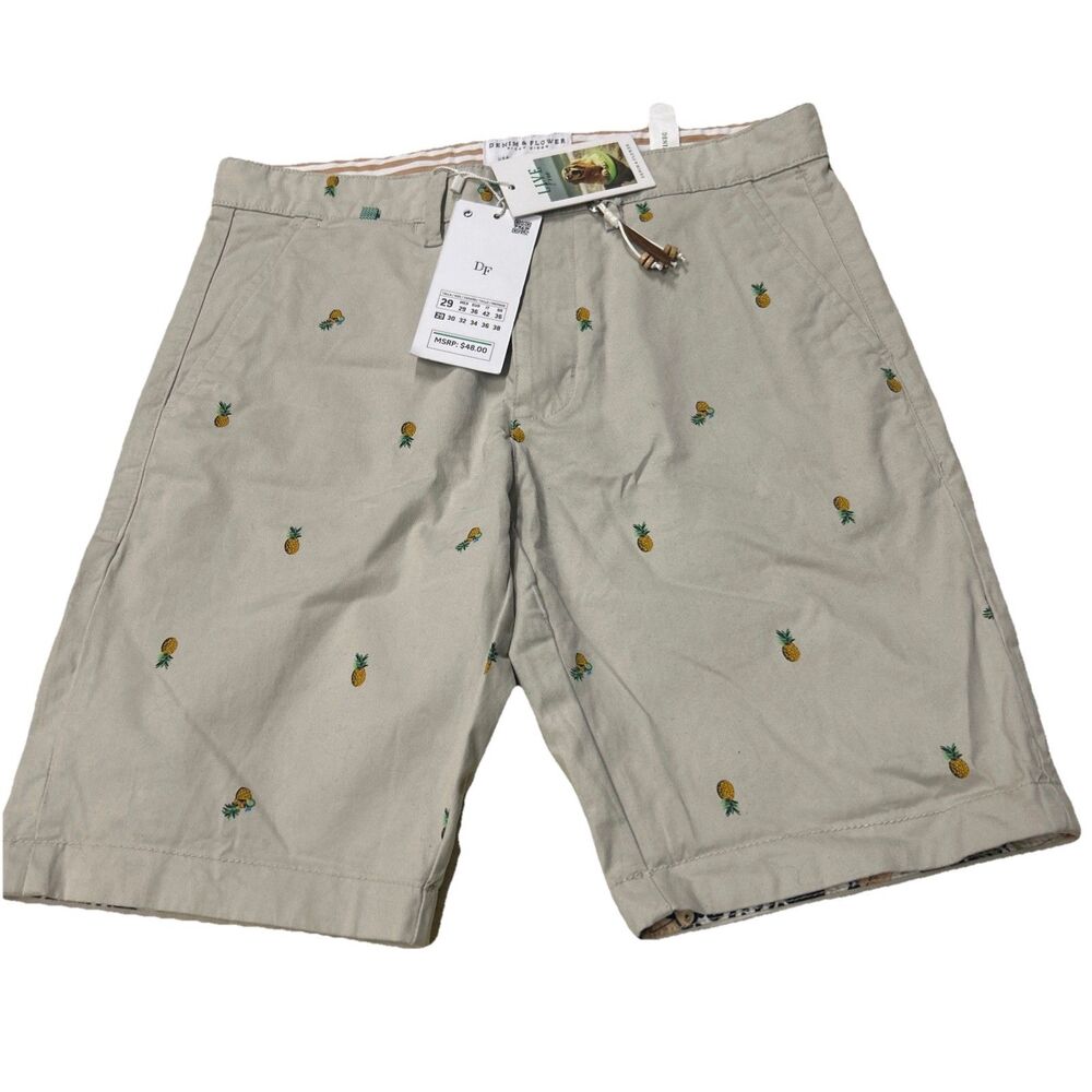 DENIM & FLOWER RICKY SINGH Men’s Power Stretch Shorts Size 29 TAN /PINEAPPLES
